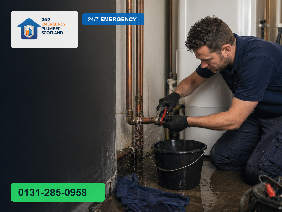 Emergency plumber repairing a burst pipe in an Edinburgh property