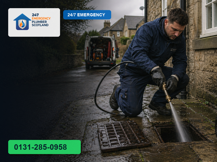 Professional plumber carrying out drain and pipe repair in Edinburgh