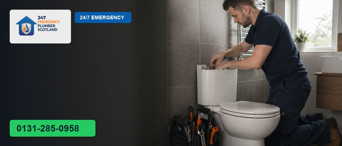 Professional plumber carrying out blocked toilet in Edinburgh for 24/7 Emergency Plumbing Scotland