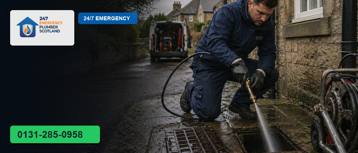 Professional plumber carrying out outside drain in Edinburgh for 24/7 Emergency Plumbing Scotland