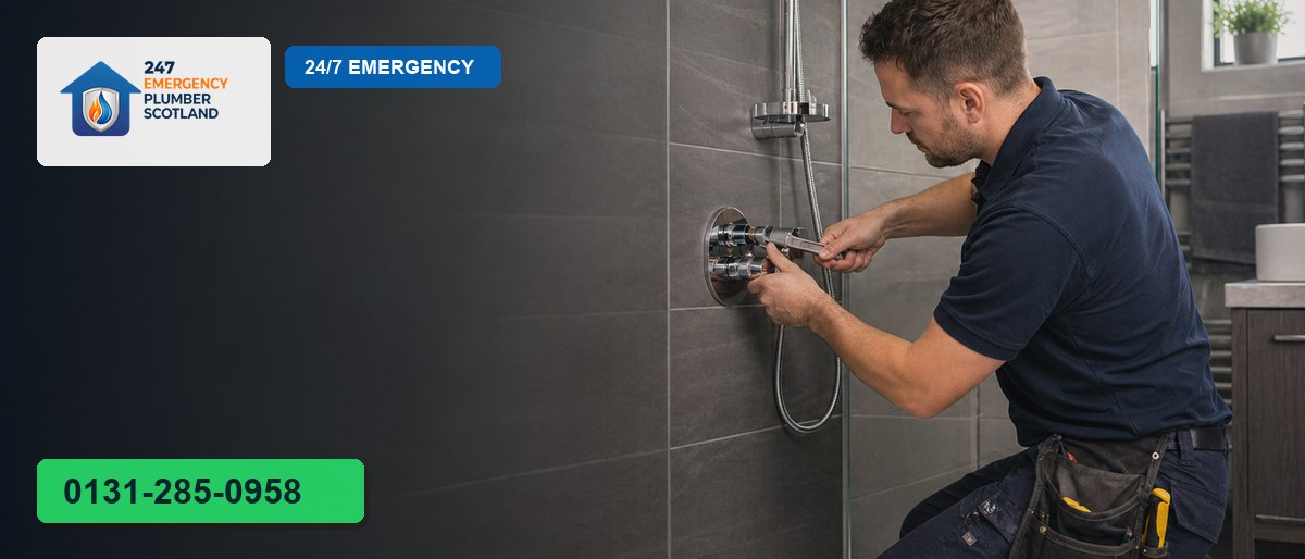 Professional plumber carrying out shower repair in Edinburgh for 24/7 Emergency Plumbing Scotland
